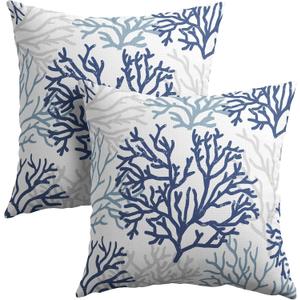 Blue and White Coral Throw Pillow Covers 16x16 Set of 2 Summer Beach Light Blue Gray Cushion Case Cotton Linen Square Sea Coral Tree Throw Pillows Case for Holidays Party Sofa Couch Bed Bench Outdoor