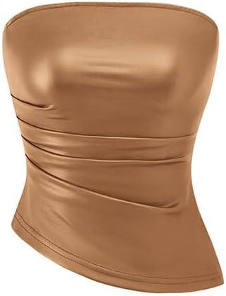 PRETTYGARDEN Women's Faux Leather Tube Tops 2025 Summer Strapless Asymmetrical Ruched Bandeau Shirts Going Out Club Outfits (Light Brown)
