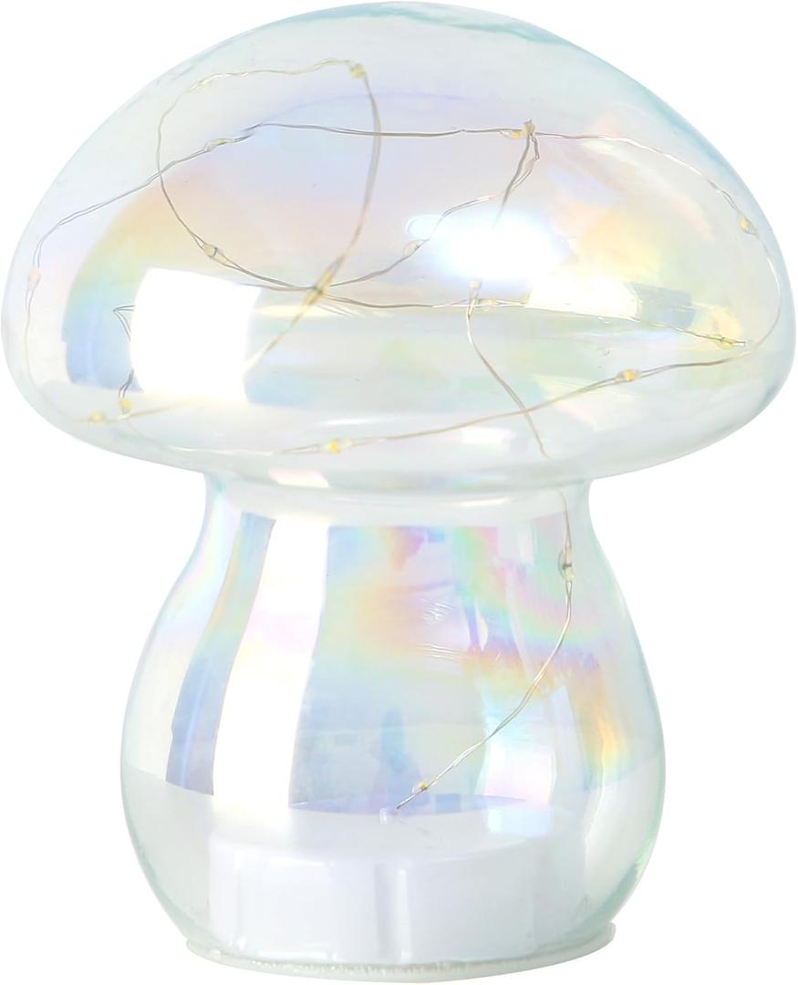 JBGIYOSG Glass Mushroom Table Lamp, 5.9" Cute LED Night Light for Home Decor, Battery Operated (3 AA), Modern Ambient Light for Living Room Bedroom Office Clear