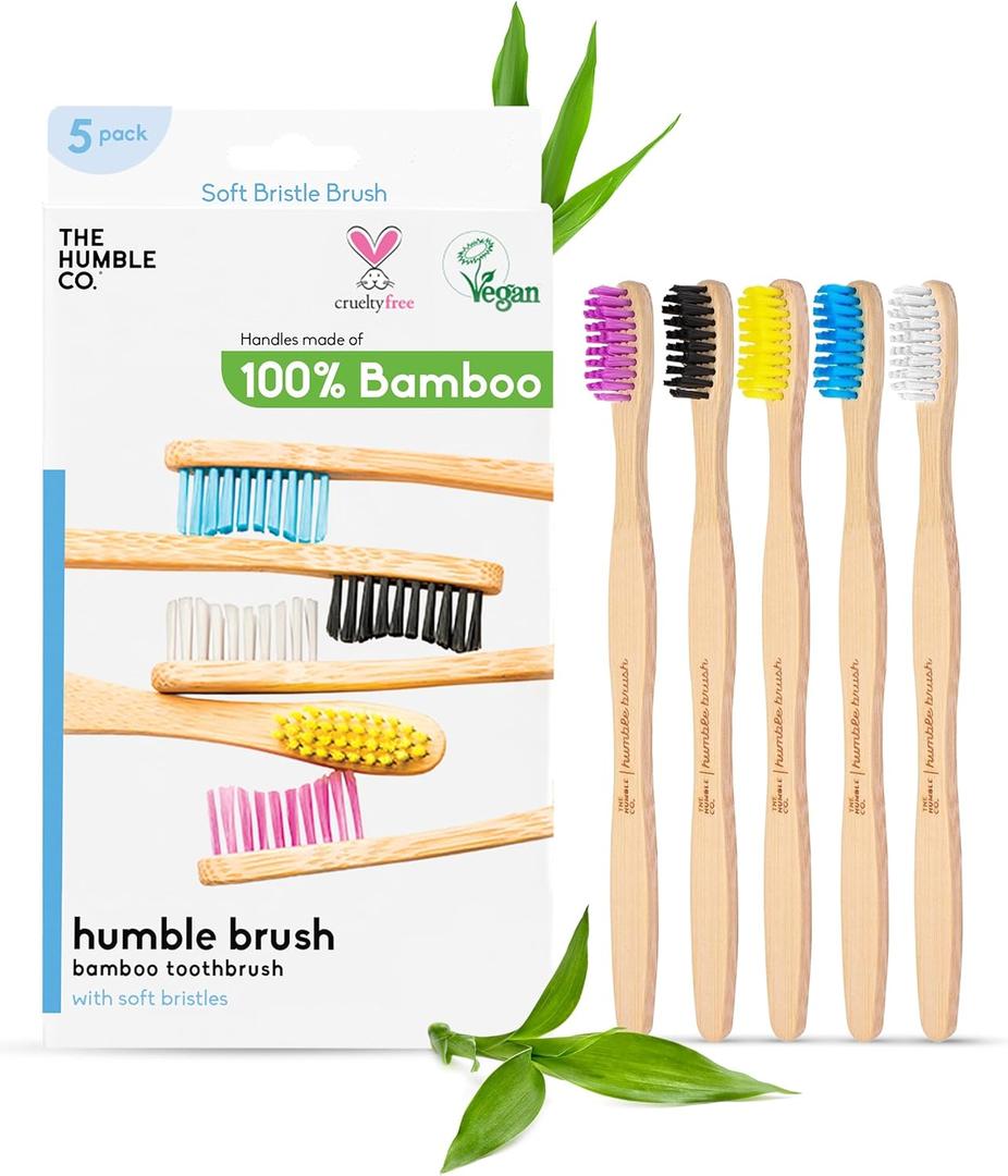 The Humble Co Bamboo Toothbrushes, 5 Pack - Soft Bristles Natural Bamboo Toothbrush - BPA Free Soft Bristles for Sensitive Gums - Non-Toxic & Plastic Free Handle - Dental Oral Care & Hygiene
