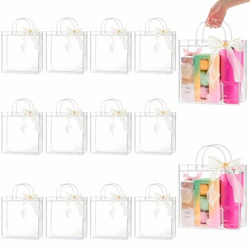 Ohuimrt 20 PCS Clear Plastic Gift Bags with Handles, 11 x 11 x 3.94 Inches Reusable Party Favor Bags with Ribbon Transparent Gift Wrap Bags Bulk for Weddings Birthdays