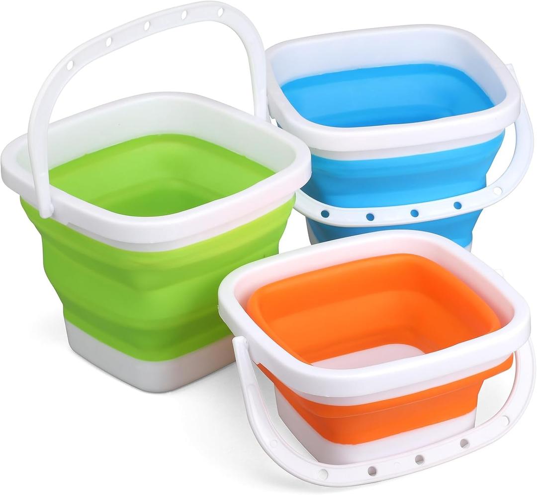 3PCS 3L Collapsible Bucket Sandbox Kit Castle Mold Building Toys for Kids, Foldable Bucket Sand Pail Scoop Trowel Rake Spade Set for Garden Planting, Beach Summer Toys Fun