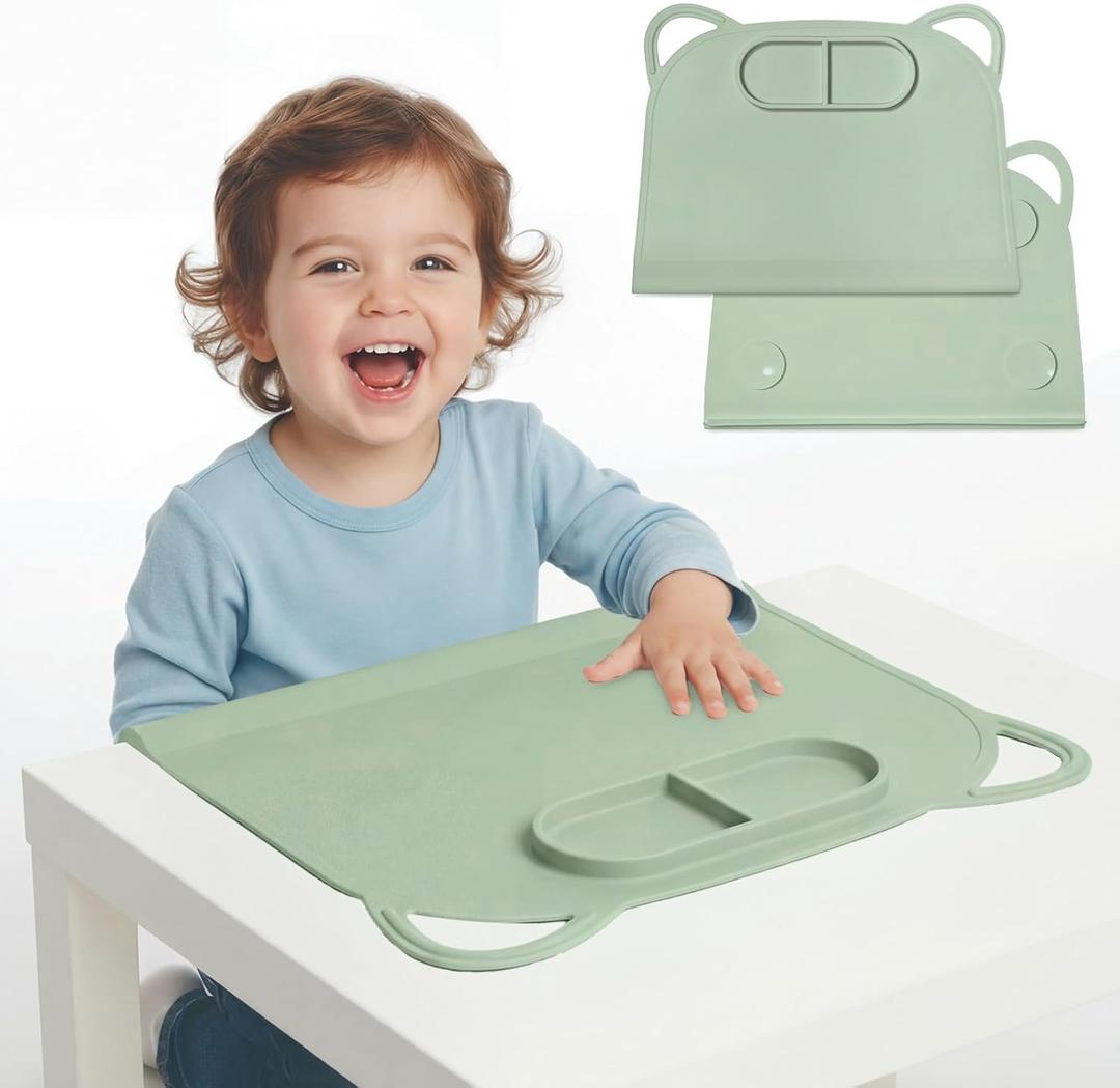 Domensi Large Silicone Suction Placemat with Teething Edge Bumper/Spill for Baby Toddlers Kids with Storage Bag, Non-Slip Dinning Table Mat, Dishwasher Safe for Table(Green,1 Pack)