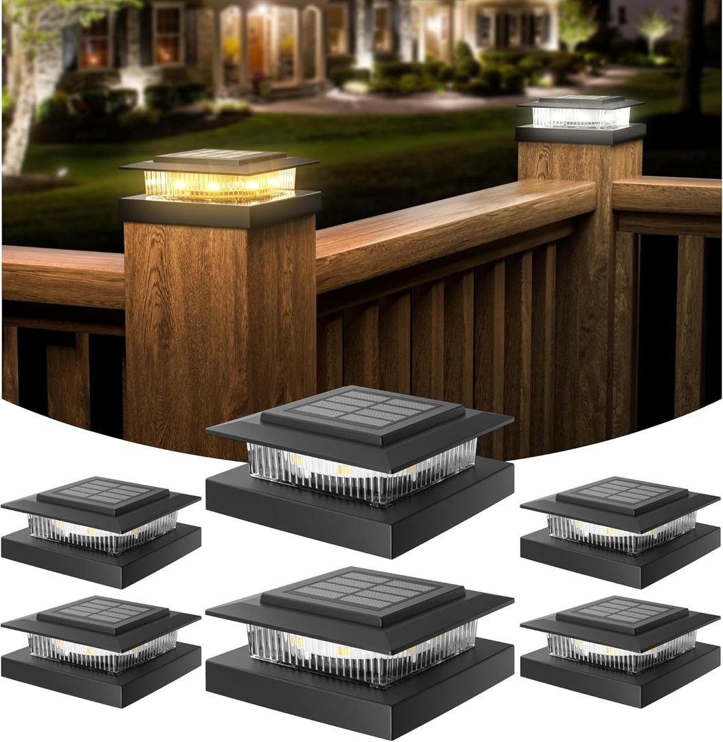 APONUO 4x4 Post Solar Lights - 6 Pack, Deck Post Lights Solar Powered Warm/Cool LED Outdoor Fence, Deck, Garden, Patio, Yard Decor, IP64 Waterproof Auto On/Off, Weather-Resistant, Easy Install,Black
