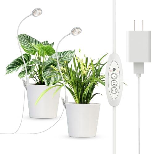 SGLEDs Grow Lights for Indoor Plant Growing, 2 Lamp Heads One Plug LED Clip Plant Light, 4000K Full Spectrum 4-Level Dimmable, Auto On Off Timing 3 6 12 Hrs Small Plants, White 14W