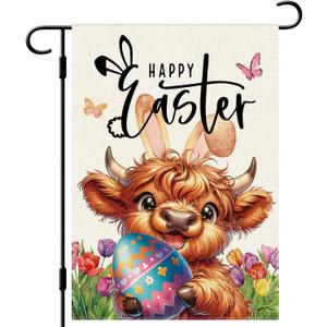 DLZDN Happy Easter Highland Cow Bunny Garden Flag 12×18 Inch Double Side Vertical Burlap Farmhouse Yard Sign Spring Holiday Outdoor Decoration