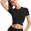 DREAM SLIM Short Sleeve Crop Tops for Women Tummy Cross Fitted Yoga Running Shirts Gym Workout Cropped Tank Tops, S