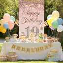 19th Birthday Door Cover 71x35 Inch Elegant Rose Gold Glitter Happy Birthday Banner for Girls Sparkling Diamond Number Nineteenth Milestone Celebration Party Photo Booth Prop Wall Decor