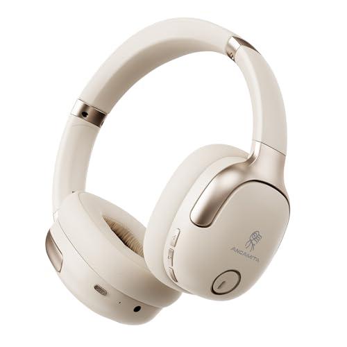 ANCAMITA Wireless Hybrid Active Noise Cancelling Headphones, 50H Playtime Wireless Over Ear Headphones with Microphone, HiFi Deep Bass, Comfortable Foldable Earphones for Travel/Work (Off White)