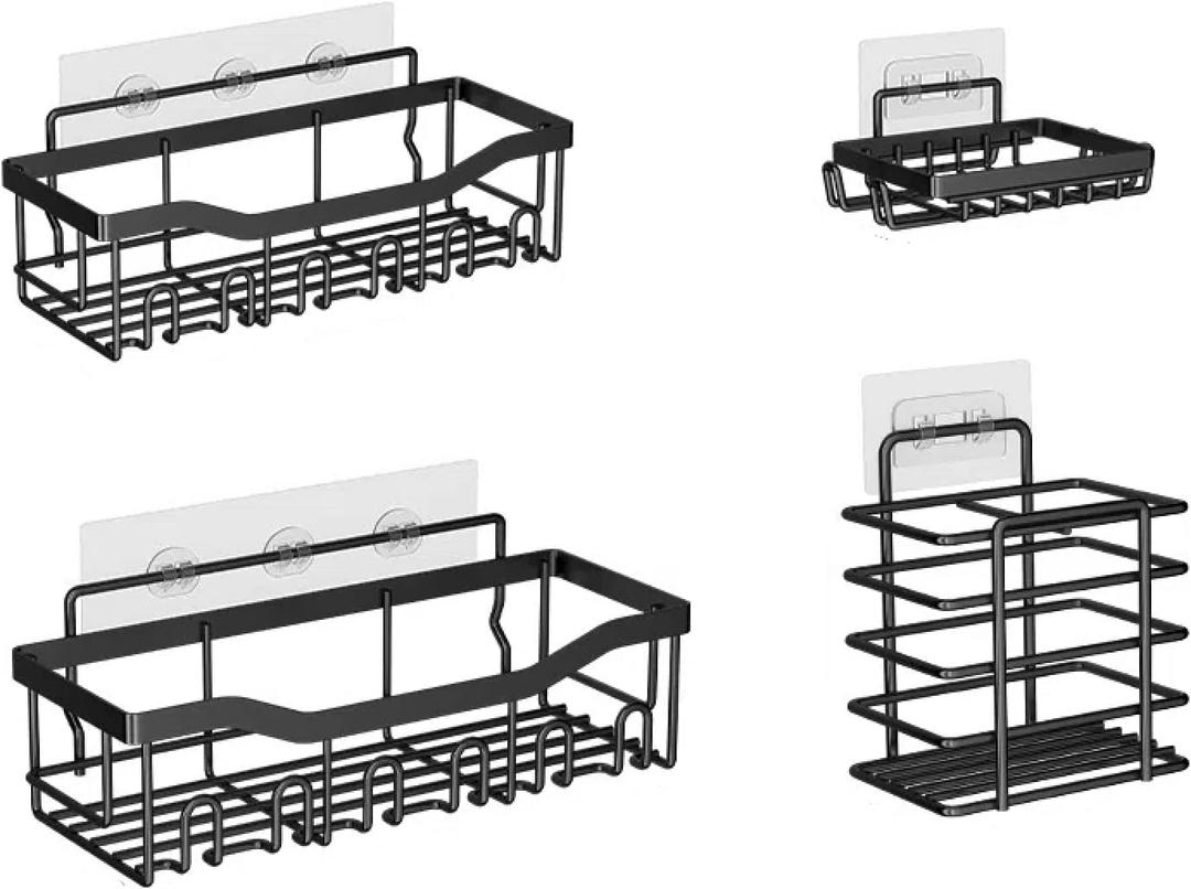Non-Perforated Bathroom Storage Rack Shelf Set, Wrought Iron Wall-Mounted Shelf, Washing and Storage (Square 6-hook Black 4-piece Set)