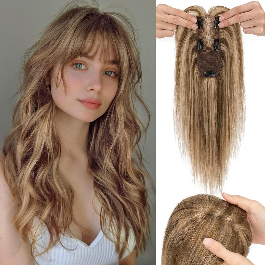 S-noilite Hair Toppers for Women with Bangs Real Human Hair 360 3D Cover Clip in Bangs 2X6 Coverage Clip in Hairpiece for Women with Thinning Hairline 10Inch (Medium Brown/Dark Blonde)