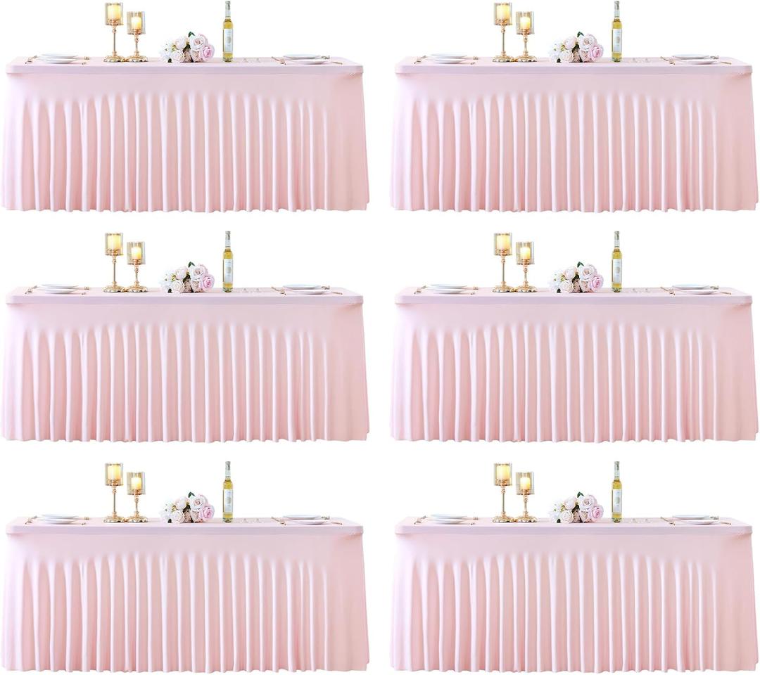 6 Pack 8ft Pink Spandex Table Cloths for Rectangle Tables Wrinkle Free Pink Rectangle Tablecloths Stretch Fitted Table Cover with Skirt for Baby Shower Girl Birthday Party Wedding Banquet Buffet