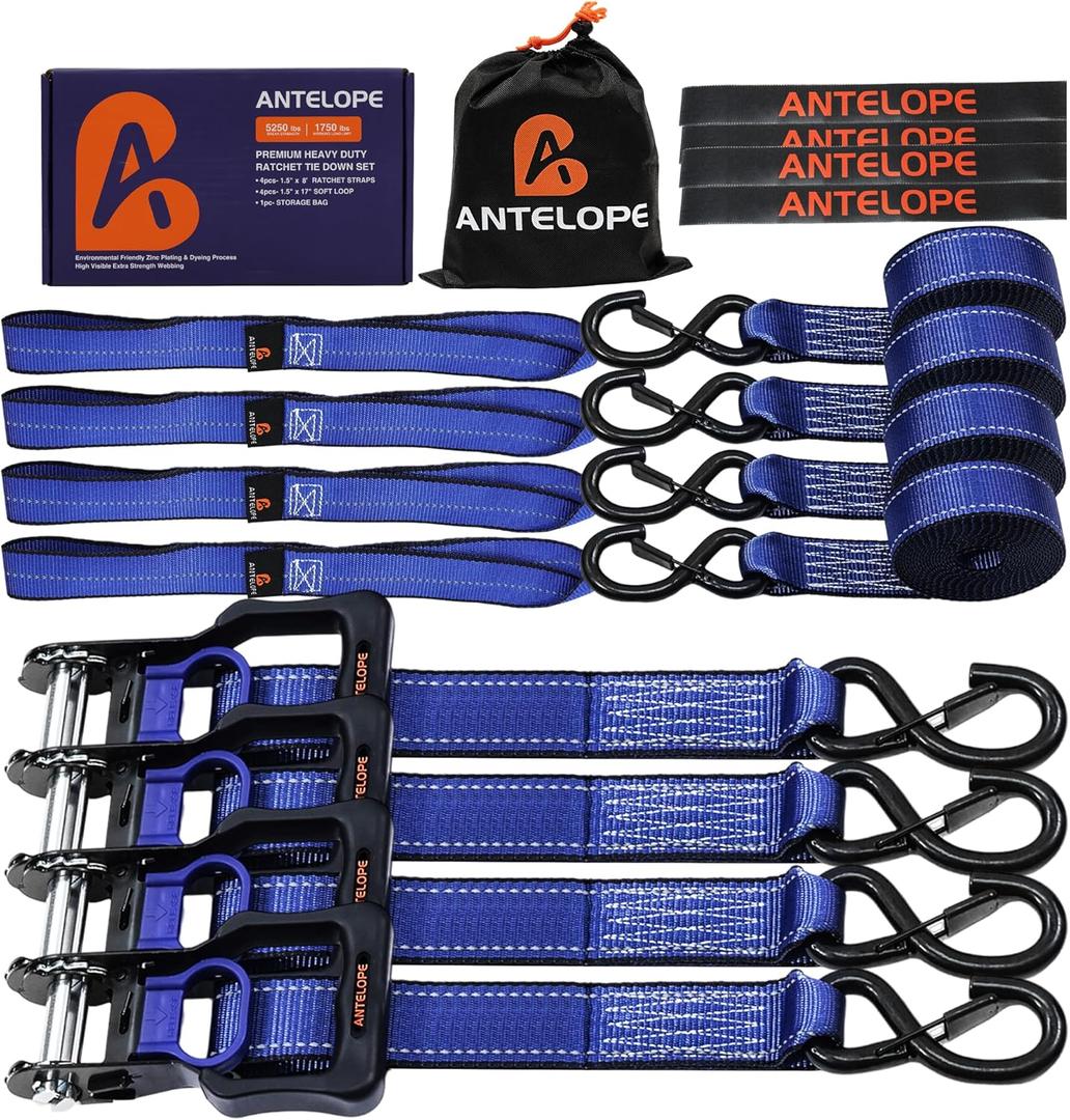 A ANTELOPE Ratchet Tie Strap Set of 4-5250 LBS Breaking Strength, 1.5" x 8' Ratchet Straps with 4 Soft Rings, Coated S-Hooks, and Soft Padded Handles for Secure Motorcycles, Trucks, Trailers (Blue)