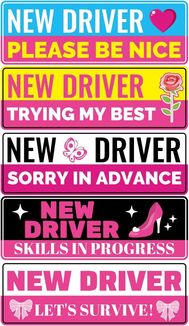 5pcs New Driver Magnet for Car, 11x3.35in Reflective Funny Student Learner Driver Magnetic Stickers Waterproof Removable Bumper Safety Rookie Attention Sign Decal for Beginners Learning (Rose)