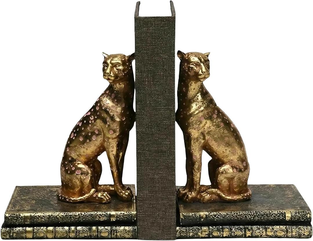 Comfy Hour 9.1" Gold Cheetah Egyptian Bastet Figurine Style Bookends, Antique Vintage Leopard Statue Home Decor, Heavy Duty Animal Book Stoppers Pair