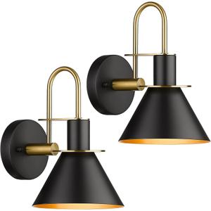 Wall Sconces Set of Two, HWH Modern Sconce Wall Lighting, 1-Light Black Barn Vanity Light, Industrial Wall Lamp for Bedroom Kitchen Bathroom, Black and Gold Finish, 5HZG56B-2L BK+BG (Large)