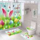 4 Pcs Easter Shower Curtain Set with Non-Slip Rugs, Toilet Lid Cover and Bath Mat, Cute Rabbit Ear Colorful Easter Eggs Shower Curtains with 12 Hooks (Green)