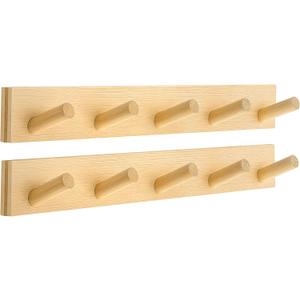 Coat Rack Wall Mount, Wooden Coat Hanger with 5 Hooks, Heavy Duty, Natural, 2 Pcs