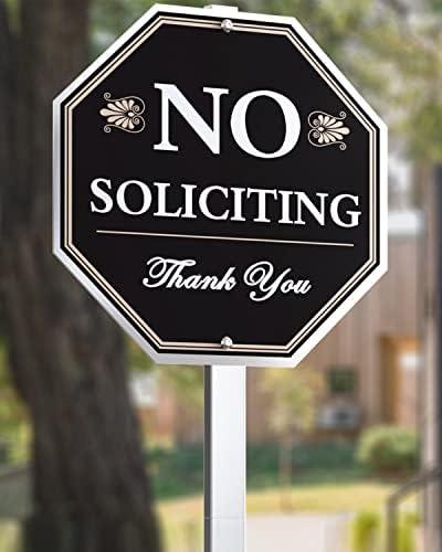 No Soliciting Sign For House - 10"x10" Aluminum Heavy Duty Weather Resistant With 28" high Stake, Contains Self-Adhesive No Soliciting Signs For Home Black