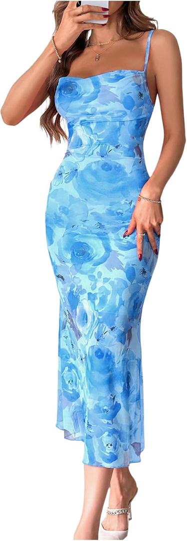 GORGLITTER Women's Floral Wedding Guest Midi Sun Dress Summer Boho Cocktail Beach Going Out Fishtail Bodycon Sundresses (Large)