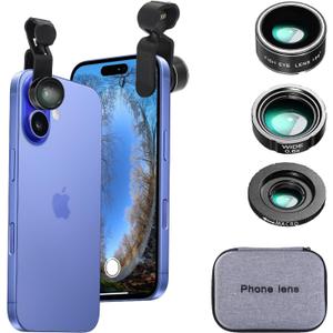 Phone Camera Lens Kit Wide Angle 0.6X Macro 20X Fisheye 198 for Most (Black)