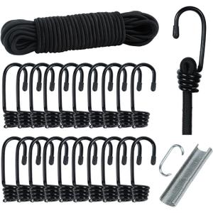 Bungee Cord Hook Kit - 5/16" x 66ft Rope, 20 Metal Hooks, 50 Hog Rings | Heavy Duty Elastic Shock Cord