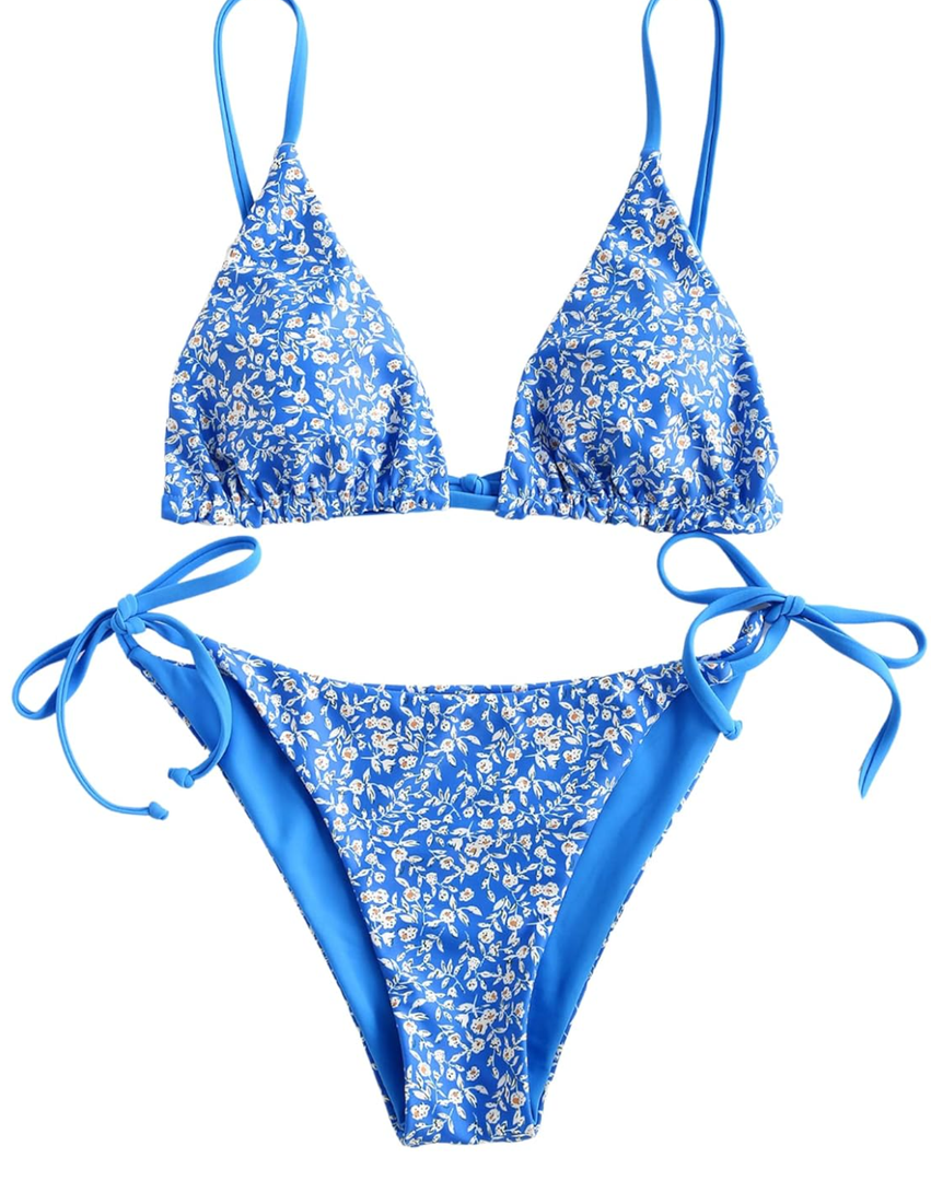 ZAFUL Women's Triangle Bikini Floral String Bikini Set Two Piece Swimsuit Bathing Suits, M