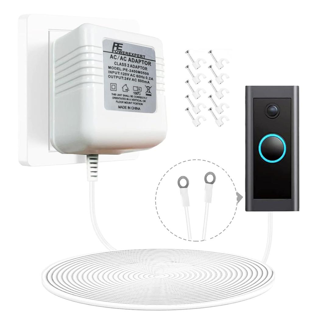 24V 500mA Doorbell Transformer, AC Power Adapter with 26FT Cable, Compatible with Ring Video Doorbell Pro/2 Nest Hello Zmodo Arlo Eufy and Smart Thermostats  Wired Power Supply  White