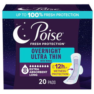 Poise Overnight Ultra Thin Incontinence & Postpartum Pads with Wings for Bladder Leaks, 8 Drop Extra Absorbent, Long Length, 20 Count