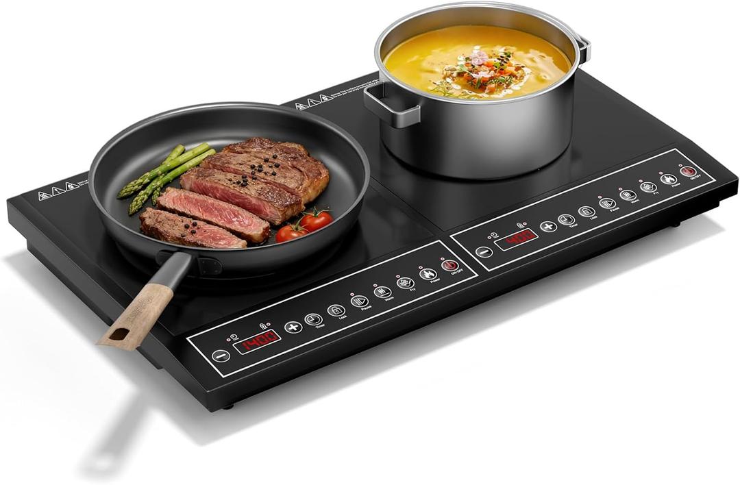 Double Induction Cooktop 1800W, Portable 2 Burner Electric Cooktop with Button Control, 10 Power Levels, 4-Hour Timer, Safety Lock, 110-120V