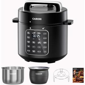 CARORI 6Qt Pressure Cooker, 9-in-1, 12 Presets IMD Touchscreen, Safe Vent, Multi-Mode: Slow Cook, Rice Cook, Steam,Dual Inner Pots (Stainless Steel & Non-Stick),1000W,Black