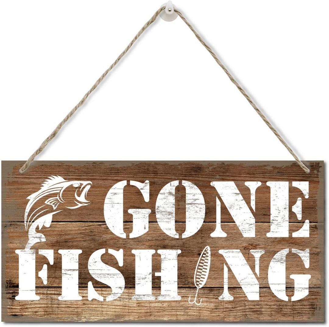 Funny Gone Fishing Wall Decor Sign, Printed Wood Plaque Sign, Hanging Fishing Decor Sign, Family Signs for Home Decor Gift, Gifts for Men, Farmhouse Decor Wall Art Sign 12" x 6" (style 01)