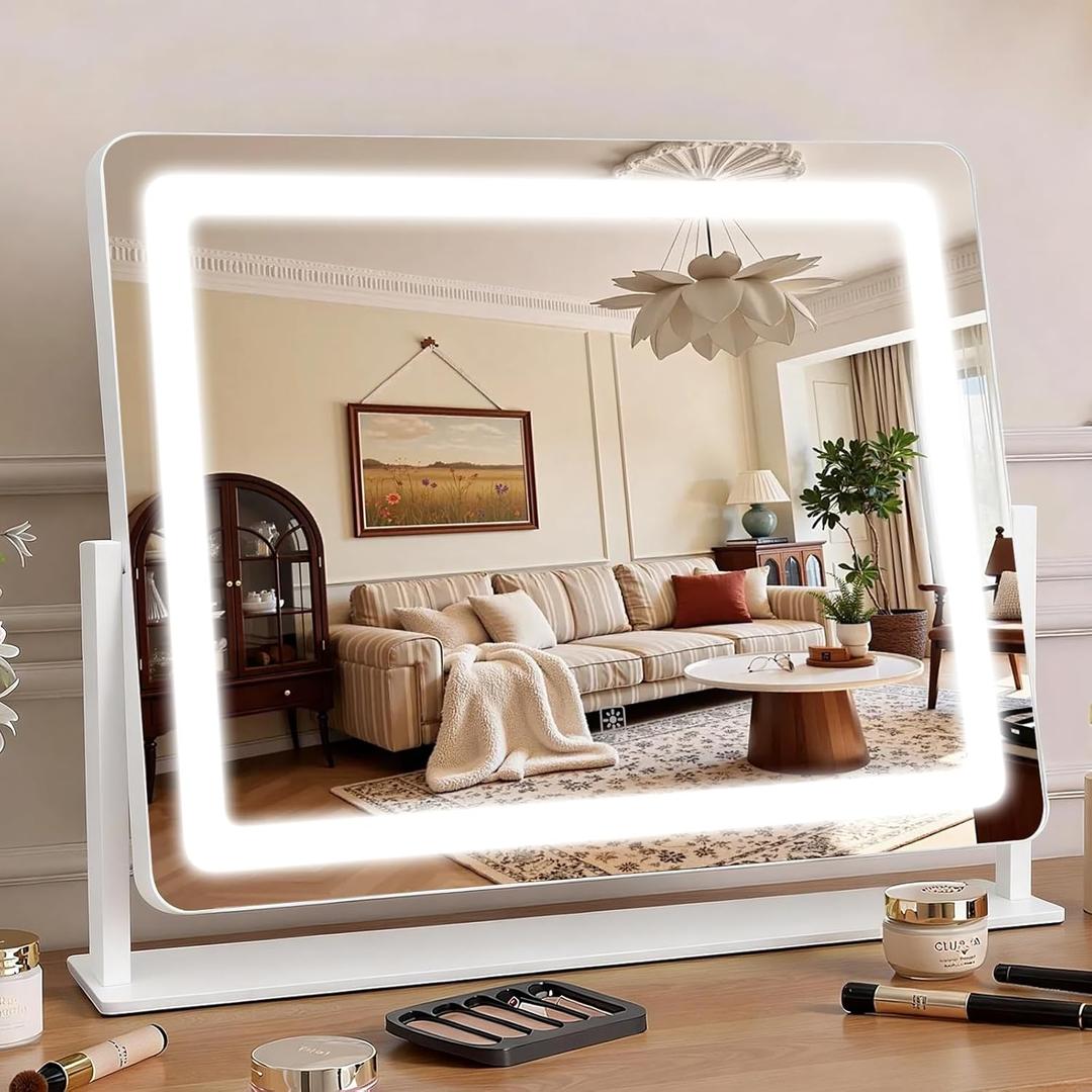 Vanity Mirror with Lights 22"17", Large LED Makeup Mirror with Light, Smart Touch with 3-Color Lighting, Dimmable, 360 Rotation, HD Desk Mirror, Vanity Mirror Tabletop (White)