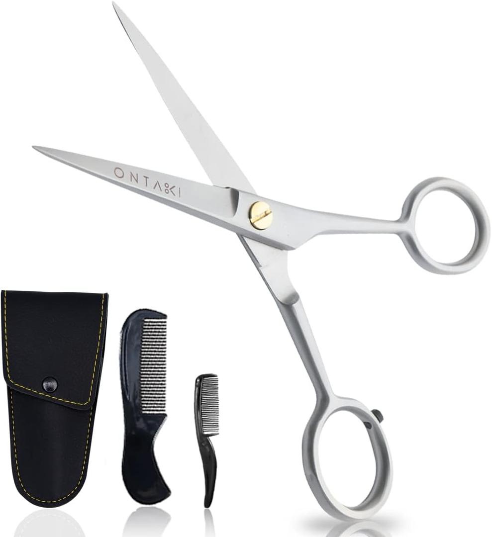 Ontaki Beard & Mustache Trimming Scissors - 5-Inch, Silver, Pack of 1 - Mustache Care Kit with Travel Comb - Compact Travel Pouch & Grooming Kit - 410C German Steel Durability & Beard Scissors
