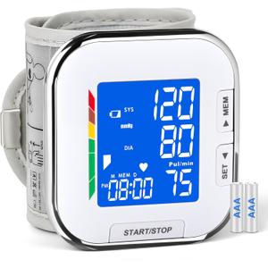 Blood Pressure Monitor Adjustable Wrist Cuff LCD Backlit Display BP Machine for Home Use Stores Up to 60 Readings Batteries Included with Carrying Case