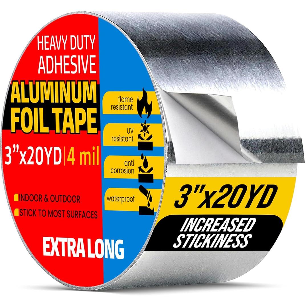 Professional Aluminum Foil Tape 3 Inch x 20 YD, Now Thicker - 4mil and Improved Glue, Heat Resistant HVAC Tape, Waterproof, High Temp Metal Duct Tape, Silver Tape for Repair, Insulation, Sealing