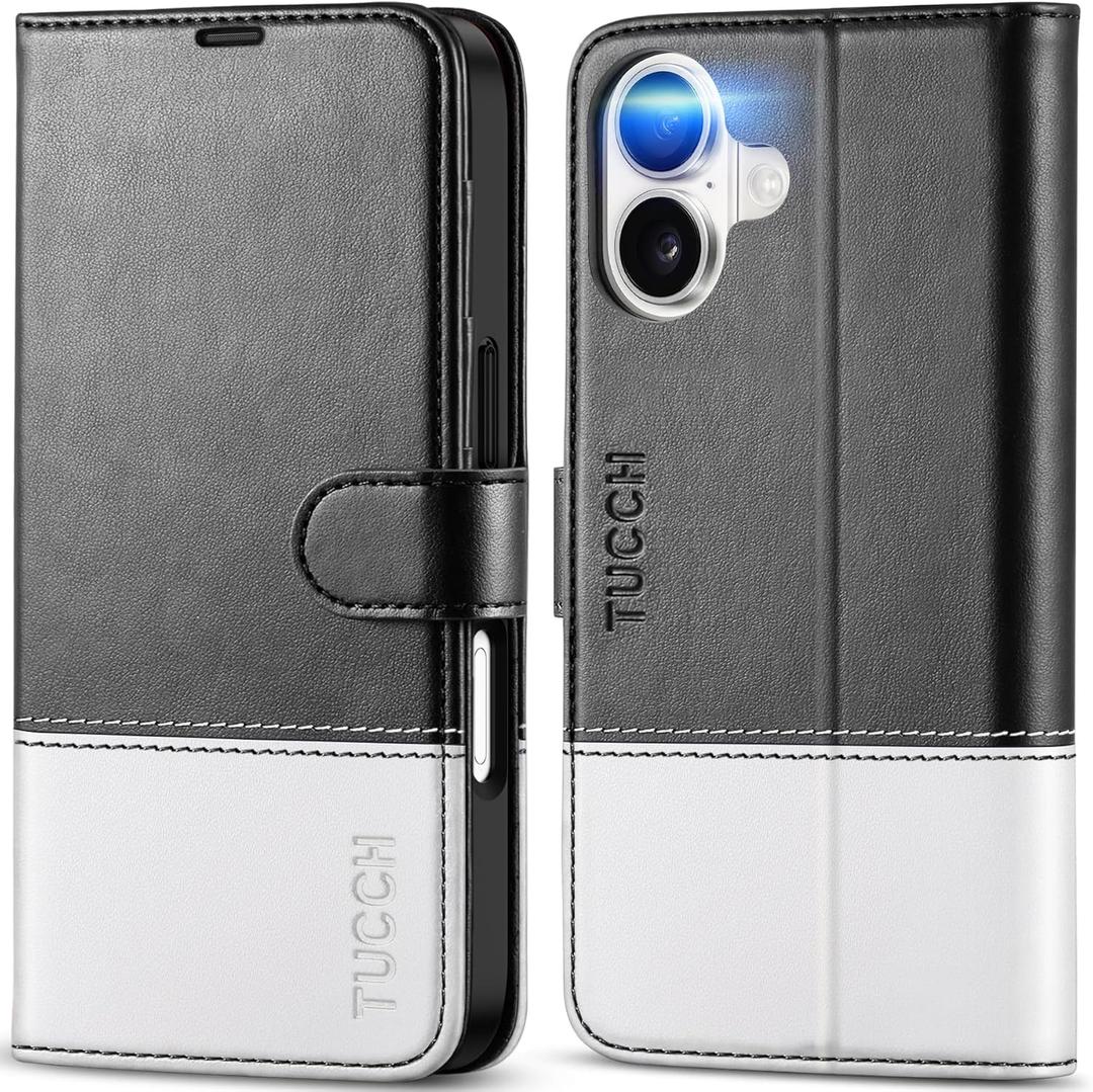 TUCCH Wallet Case for iPhone 17 (6.3") 2025, 4 Card Holders, RFID Blocking, Stand, Shockproof TPU Shell, PU Leather, Magnetic Closure, Protective Flip Folio Cover, Black & White