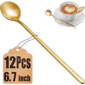 12 Pcs Coffee Spoons Set, 6.7" Gold Tea Spoons Long Handle, Gold Small Teaspoons, Stainless Steel Espresso Spoon, Long Spoon for Stirring, Coffee Bar Accessories