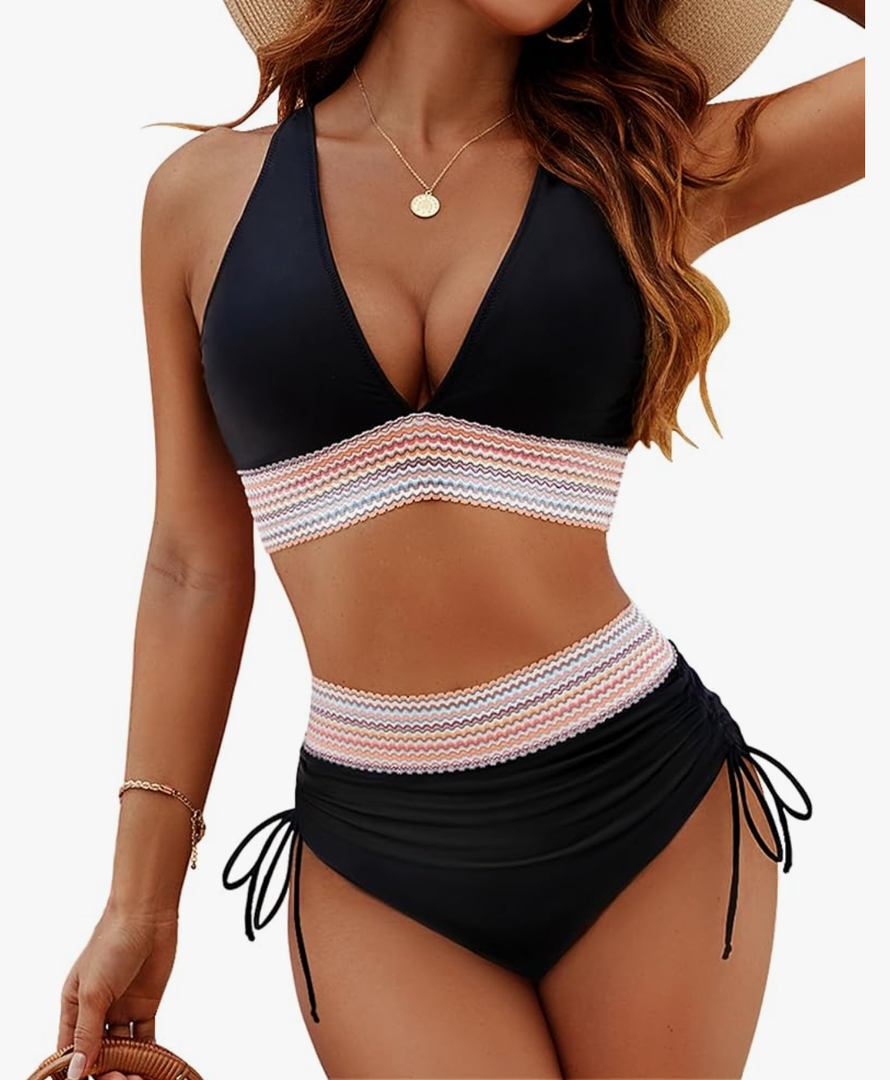 Blooming Jelly Women High Waisted Bikini Sets Tummy Control Swimsuits Color Block Two Piece Drawstring Bathing Suit Size L