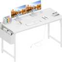 Lufeiya White Computer Desk with Power Outlet, 47 inch Teen Study Table Home Office Work Writing Gaming Desks with Charging Station Outlets Built in, White