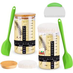 2 Pack 40oz Large Sourdough Starter Jar Glass Kit Wide Mouth with Silicone Spatula, Wooden Lid, Cloth Cover, Date Marked Band, Thermometer, Stainless Steel Dough Scraper