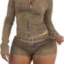 Molilove Women's Two Piece Set Denim Outfits Long Sleeve Zip Up Cropped Jean Jacket Bodycon Shorts Sets with Belt Y2K Outfits (Large, Camel)