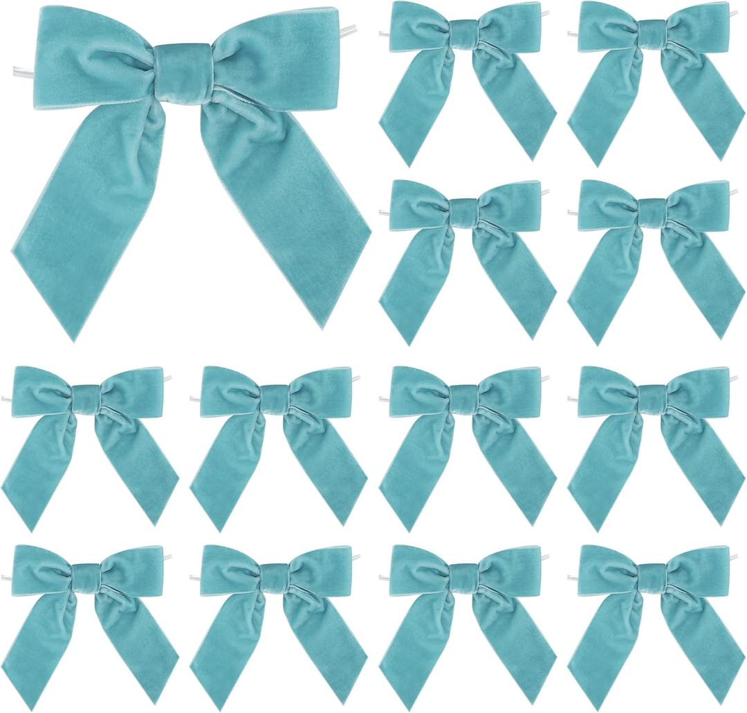 AIMUDI Baby Blue Velvet Bows 4.5" Blue Velvet Easter Bows Premade Bows Light Blue Twist Tie Bows for Wreaths, Gift Basket, Spring Holiday Decor, Gift Wrapping, Swag, Baby Shower Decoration - 12 PCs