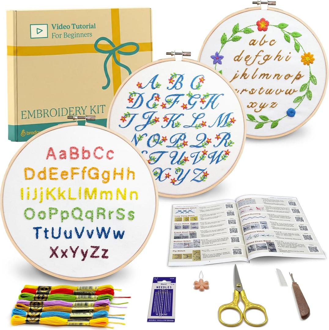 Bradove 3 Sets Alphabet Letter Practice Embroidery Kit for Beginners Adults Kids, Learn to Embroider Kit Adult Beginners