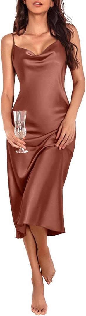 Ekouaer Womens Satin Nightgown Sexy Lingerie Sleepwear Spaghetti Strap Cowl Neck Elegant Long Slip Satin Silk Midi Dress (Brown, L)