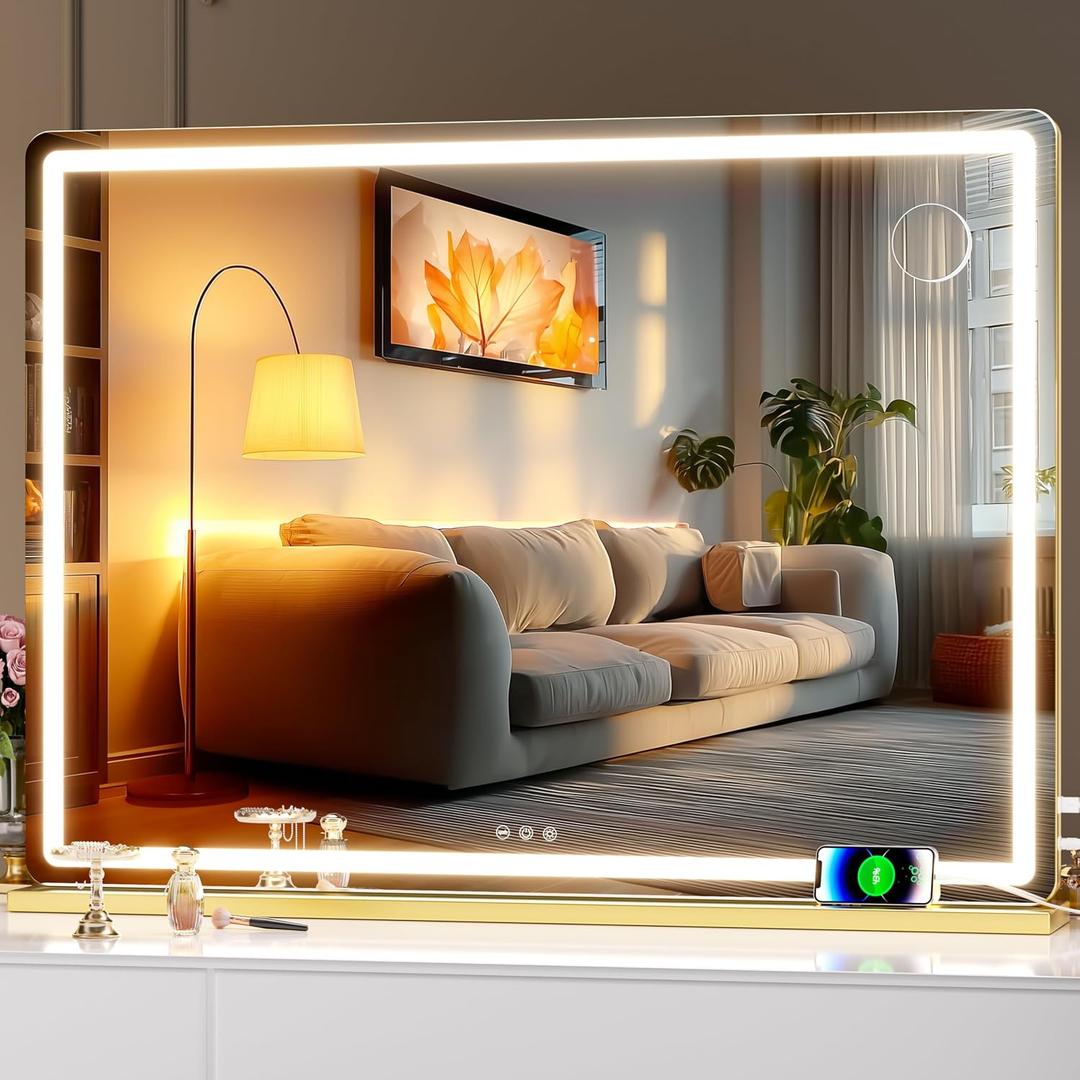 Hasipu Vanity Mirror with Lights, 39.4" x 30" LED Makeup Mirror, Lighted Makeup Mirror with Dimmable 3 Modes, Touch Screen Control Vanity Mirror Round Gold