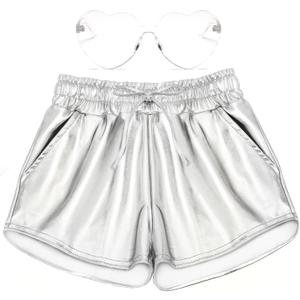 Girls Metallic Shorts Shiny Hot Pants for Dance Gymnastics Sparkly Shorts with Sunglasses (Small, Silver)