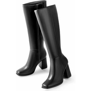 Ankis Knee High Boots for Women Squared Toe Chunky High Heel with Side Zipper Long Boots (9, Black Pu)
