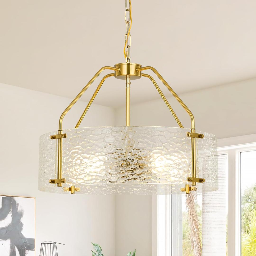 Modern Textured Glass Chandeliers for Dining Room: 20'' Drum Brushed Gold Entryway Light Fixture Hanging - 5 Light Kitchen Chandelier Over Table - Semi Flush Mount Chandelier for Bedroom Hallway Foyer