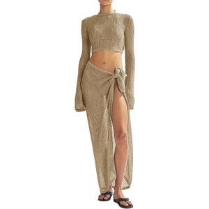 Women's Swimsuits Cover Ups Set for Crochet Bathing Suit Hollow Out 2 Piece Bikini Coverup Beach Swimwear (Medium, Khaki-1)
